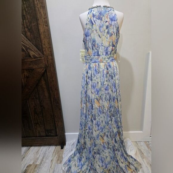 Eliza J Floral Cutout Rhinestone Halter Neck Gown NWT Size 12 Blue/Yellow - Picture 4 of 6